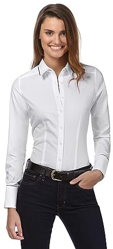 Vincenzo Boretti Damen Bluse leicht tailliert 100% Baumwolle bügelleicht Langarm Hemdbluse elegant festlich Kent-Kragen auch für Business und unter Pullover weiß 38