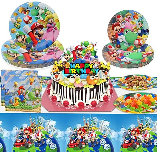 42-teiliges Mario-Geburtstagsparty-Zubehör, Mario-Party-Geschirr-Set mit Tischdecke, Mario-Partyteller, Servietten für Kinder, Jungen, Mädchen, Geburtstagsparty-Dekorationen