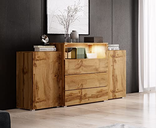 MINIO go for it - Kommode mit Schubladen Korfu III, 150 cm, Sideboards mit LED Beleuchtung, Farbe: Wotan Eiche/Wotan Eiche