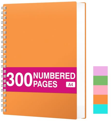 RETTACY Notizblock A4 Kariert, Spiralblock Notizbuch 100gsm mit 300 Seiten/150 Blatt zum Zeichnen, Kunststoff PVC Hardcover, zum Tagebuch, College,Konferenz, Reise, 21.5 x 27.9cm -Orange