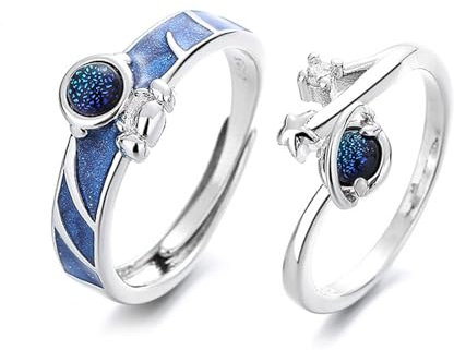 Crymystal Astronaut Paar Finger Ringe Set Einstellbare Finger Ringe Liebe Token Offene Ringe Planet Star Raumschiff CZ Kristall für Freundin und Freund Schmuck (Stil:D)