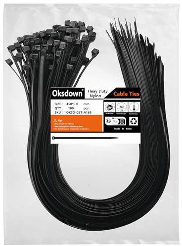 Oksdown 100 Pack Black Thick Cable Ties Heavy Duty Large 450mm×9.0mm Strong Nylon Plastic Self Locking 18 inch/45 cm Long Zip Tie Wraps
