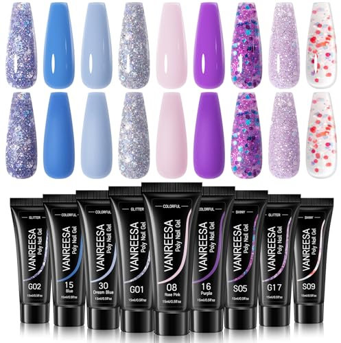 VANREESA Poly Nail Gel Kit 9 Colours Poly Nail Gel Set Nude Lilac Purple Blue Glitter Nail Art Set Manicure Gifts for Women DIY at Home