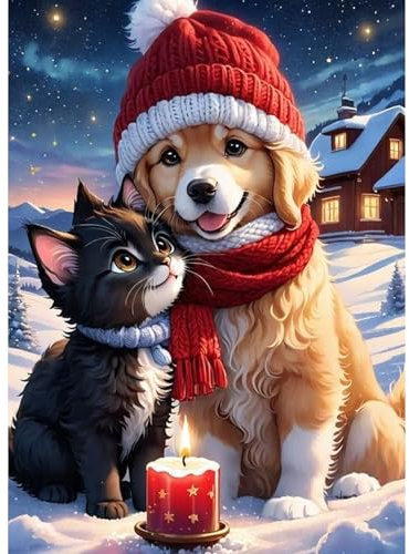 QENSPE 5D Bricolage Diamond Painting Noël, Kit Peinture Diamant Adulte, Chien Diamond Painting Broderie Kit Complet, Chat Diamond Art Point de Croix Maison Murale Decor 30x40 cm