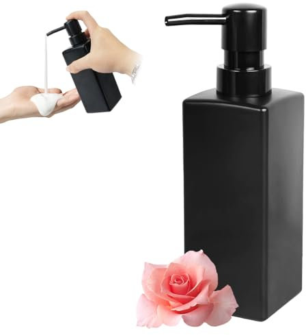 350 ML Distributeur Savon Noir Mat avec Pompe en Plastiques, Distributeur de Savon à Main Carrés en Verre, Distributeur de Savon Séparé Liquide Rechargeable, pour Cuisine et Salle de Bain