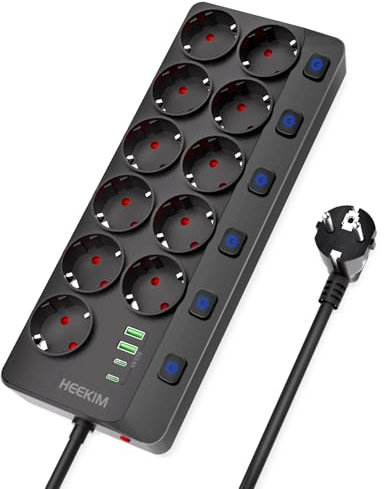 HEEKIM Regleta Enchufes USB, Regleta 4000W 16A con 11 Toma de Corriente y 2 USB-A y 2 USB-C Puertos, 6 Interruptores, Enchufe Multiple Cable de Extensión 2M para Hogar, Oficina, Escuela - Negro