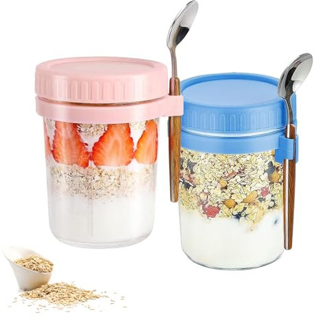 ARCPNRT Tazas de Copos de Avena, 2 Piezas Taza para Cereales de 400 ml, Recipiente para Avena de la Noche a la Mañana, para Cereales, Leche, Ensaladas de Verduras y Frutas, Azul, Rosa
