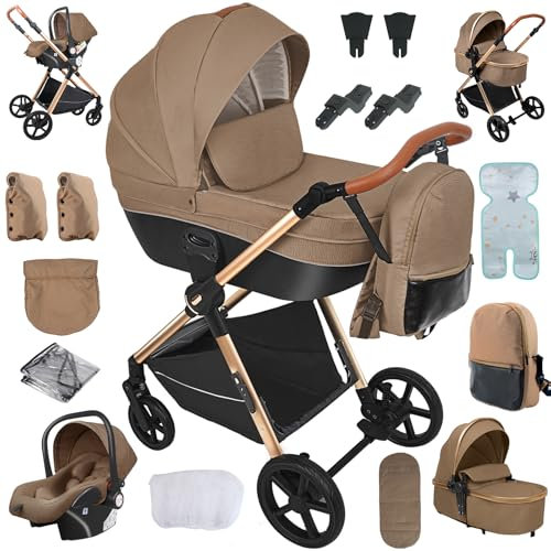 NADDLILY Kinderwagen 4 in 1, Buggy mit Umkehrbarem Zwei-Wege-Schub, Kinderwagen mit Faltbarem Tragbarem One-Click-Design, Kinderwagen 4 in 1 Komplettset mit Zubehör Hohe Landschaft (H2 Khaki)