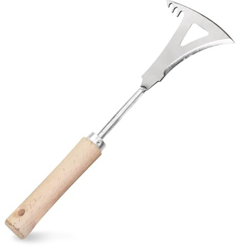 Gartenarbeit Unkrautzieher Hand, Gartengeräte Unkrautstecher mit Stiel holz, Edelstahl Gartengeräte, Unkraut Entferner Gerät, Unkrauthacke, für Entfernen von Unkraut und Wurzeln (A)
