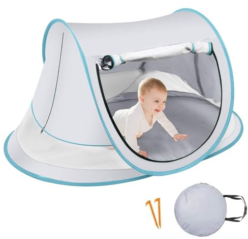 Tente Anti-UV Bébé, Grande Tente De Plage, De Plage PopUp avec Sac De Transport Et Piquets De Plage Automatique, Abris De Plage avec Porte À Glissière Protection UV pour Famille Plage