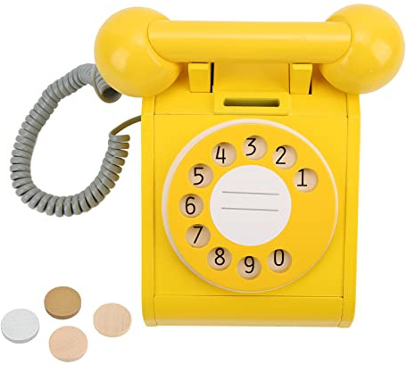 EMUKOEP Retro -Spielzeugtelefon für, Holzsimulation Telefon mit Rotierbarem Wählscheiben Altmodischem Pink -Telefon und Unterhaltsamem Rollenspielzeug für (Gelb)