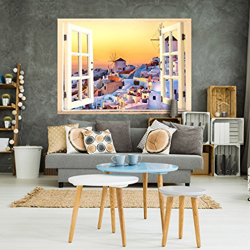 decomonkey | Optische Täuschung | Griechenland Stadt Weitblick Fensterblick 3D Wandillusion ca 140x100 cm Wandbild Fototapete Tapete Poster XXL Vlies Leinwand Bilder Dekoration Panorama TOC0002aM