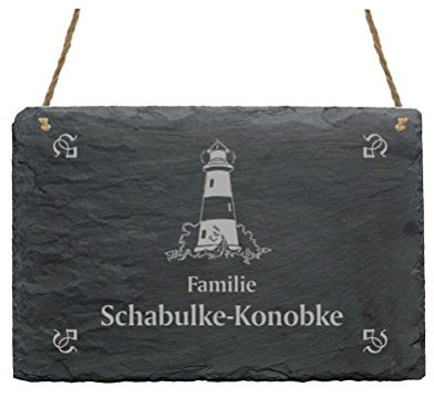 Schiefertafel « Familie - IHR NAME - » mit Leuchtturm Motiv - Türschild Namensschild Klingelschild - Ostsee Nordsee Matrose