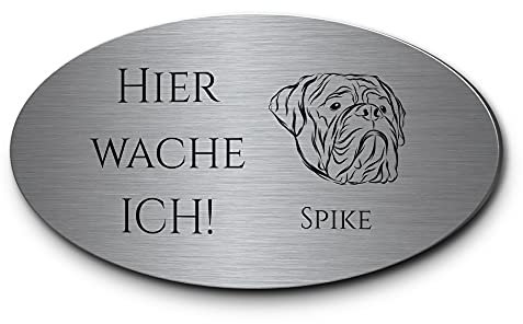 Vorsicht Hund Achtung Hund Hundeschilder Hinweisschilder Edelstahl oval | Viele Hunderassen zB Dackel Schäferhund Chihuahua | Robuste Gravur - kein Druck (Personalisierbar, Bullmastiff)
