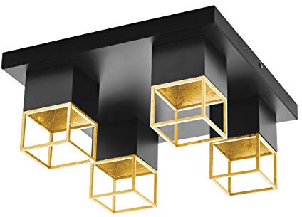 EGLO Deckenlampe Montebaldo, 4 flammige Deckenleuchte Vintage, Industrial, Wohnzimmerlampe aus Stahl in Schwarz, Gold, Küchenlampe, Flurlampe Decke mit GU10 Fassung