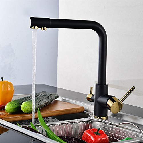 FZHLR De Doble Función De Filtro De Agua De 3 Vías Negro Y De Oro Cocina Grifo De La Cocina De Agua Del Grifo De 3 Vías Función De Relleno Grifo De La Cocina Mezclador, Negro Con Oro