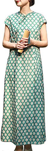 LZJN Robe d'été chinoise Cheongsam longue chinoise moderne Qipao en coton et lin Style oriental Qipao - Vert - Medium