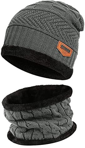 Bequemer Laden Kinder Winter Warm Mütze und Loop Schal Set mit Fleece Gefütterte für 3-8 Jahre Jungen Mädchen, Wintermütze Strickmütze Beanie Schlauchschal Halswärmer Geschenk Weihnachten, Grau