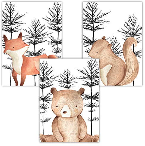 Pandawal Bilder Kinderzimmer Babyzimmer Waldtiere im Wald Deko grau Poster Set 3er Tiere für Kinder Junge I Mädchen DIN A4