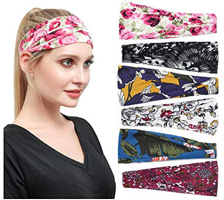 Headband Damen 6 Stück Stirnband Vintage Kopfband Haarband Turban Elastische Weiche Stirnband Damen Blume Muster bedruckt Baumwolle Yoga Schweißband Mehrfarbig Sport Fitness F