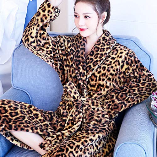 HAIBI Donna Accappatoio Homewear Leopard Bathrobe Femmina Nightie Inverno Spesso Spessa Flannel Kimono Nightgown,M(40,45Kg)