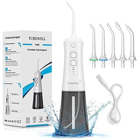 TUREWELL Irrigador Dental, Irrigador Bucal Profesional con 5 Boquillas Multifuncionales, Capacidad de 250ml, Limpieza Dientes, Aprobado por la FDA/CE(Blanco)