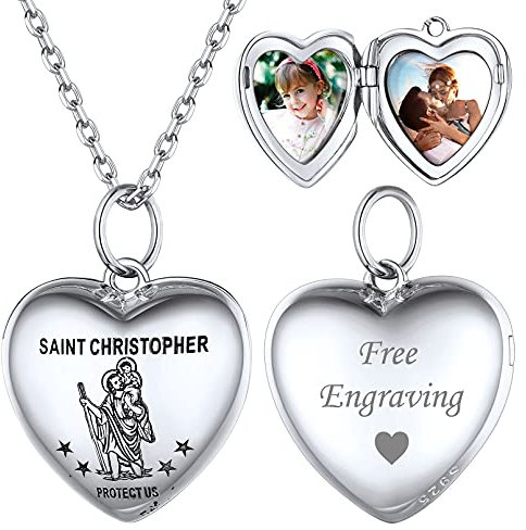 ChicSilver Saint Christophorus Medaillon für 2 Foto Damen Herren Heiliger Christophorus Liebesherz Photo Amulett Anhänger mit Ihr Wunschgravur für Geburtstag Vatertag