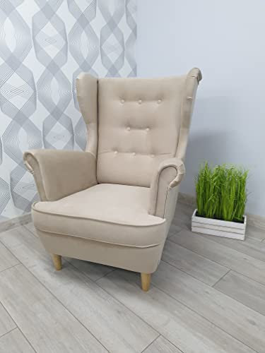 Poltrona tappezzata, poltrona con orecchie, poltrona per il soggiorno, poltrona Relax, TV, poltrona comoda per il salotto, poltrona scandinava, camera da letto, (beige C02, con poggiapiedi)