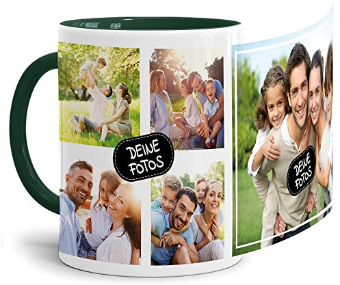 Foto-Tasse zum selbst gestalten mit Foto-Collage für 5 Wunschfotos - Geschenk für Familie, Freunde, Geburtstag, Weihnachten - Keramik Innen & Henkel Dunkelgrün, 300 ml I Personalisiert
