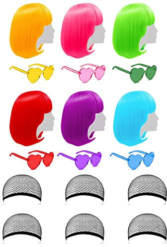 Confezione da 6 parrucche colorate, 30,5 cm dritte con frangia piatta, parrucche colorate per feste con occhiali da sole a forma di cuore senza bordi, per donne, ragazze, cosplay, feste, vacanze