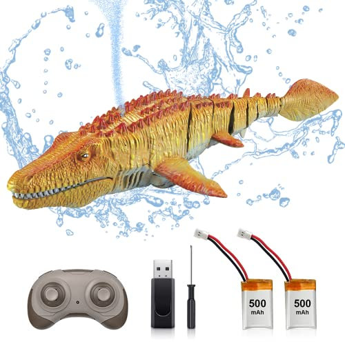 OBEST Ferngesteuertes Mosasaurus Boot, 2.4GHz RC Hai-Spielzeug, Shark Wasserspielzeug für Kinder Electric Dinosaurier-Boot, Simuliertes Mosasaurierschwimmen mit Wassersprühfunktion (2 Batterien)