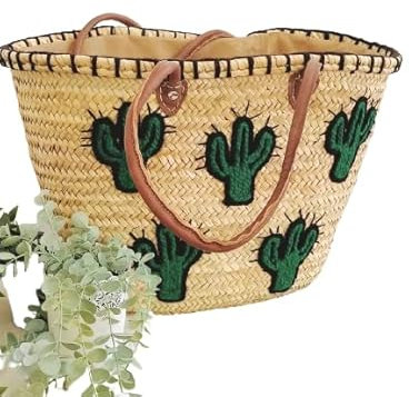 Panier plage paille, Sac cabas en osier, Panier plage femme brodé de cactus