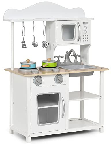 Maxmass Kids Wooden Kitchen, Children Pretend Play Kitchen with Detachable Sink and Spacious Storage Cabinet, Simulation Cooking Toy Set for Age 3+ Years Old (60 x 30 x 83cm)