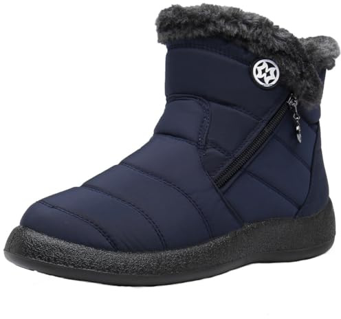 Stivali Donna Stivaletti Invernali Impermeabili Cerniera Stivali da Neve Cotone Caldo Peluche Caviglia Boots Bassi Scarpe Ultraleggero,Blu Marino 3,43 EU