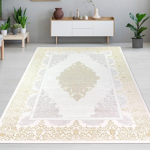CARPETIA Teppich Wohnzimmer Schlafzimmer bezaubernd elegant edel glänzend Mäander Kurzflor Orient Ornamente Creme Gold 120x170 cm