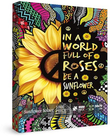 Sunflower Inspirational Puzzles for Adults 1000 Piece, Rainbow Mandala Colorful Flower Jigsaw Puzzle, Motivational Quote Puzzle for Family Game