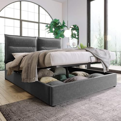 MQGPM Boxspringbett Doppelbett Hydraulisch 140x200cm, Polsterbett mit Großer Stauraum & Verstellbares Kopfteil, Stauraumbett Rückenlehne Bett Samt Modernes Bettgestell Grau (Ohne Matratze)