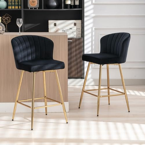 Wahson Samt Barhocker 2er Set, Moderner Barstuhl Küchenhocker mit Gebogene Linie Rückenlehne, Thekenstühle gepolsterte Barstühle goldenem Fuß für Hausbar/Kücheninsel, Schwarz