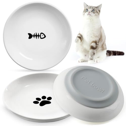 pawstrip Ceramic Cat Food Bowls for Whisker Fatigue Relief, 3-Pack Shallow & Wide Dishes for Wet or Dry Food, Non-Slip Pet Feeding Plates