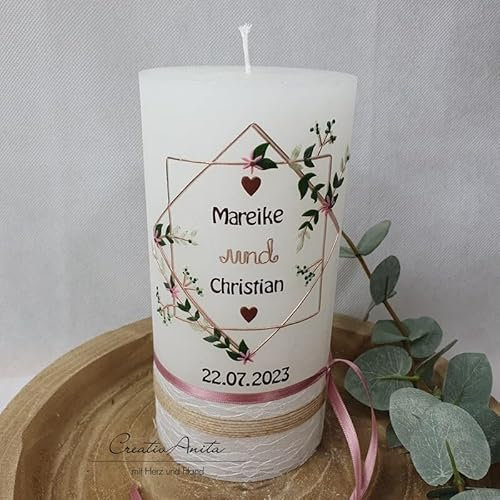 Hochzeitskerze Rustik weiß groß - mit zarten Blüten und Blättern - Geometric Style mit oder ohne Teelichteinsatz