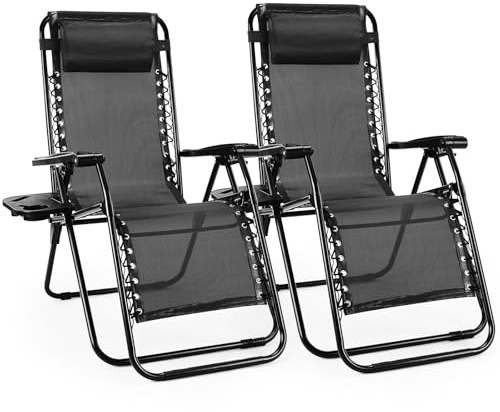 Sweetcrispy Zero Gravity Stühle, 2 Stück, tragbar, Liegestuhl, Strand, Camping, Terrasse, Outdoor, Klappstuhl mit Getränkehalter-Tabletts und verstellbarem Kissen für Pool, Garten, Hinterhof, Rasen