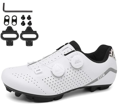 NGARY MTB Schuhe Fahrradschuhe Herren Damen kompatibel mit SPD 2 Schrauben mit Cleats, Mountainbike Schuhe Unisex Radsportschuhe Draussen,Weiß,38 EU
