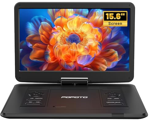 Lettore DVD portatile da 17,6 pollici con schermo HD da 15,6 pollici, batteria ricaricabile da 6 ore, doppio altoparlante, senza regione, telecomando, supporto multi-formato Sync TV, USB/SD, nero