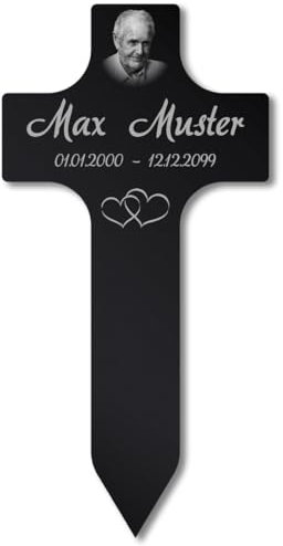 Paule Black Personalisierter Grabstecker Kreuz Grabschmuck mit Foto Gravur - Acrylglas Schwarz Hochglanz 400 x 800 mm - wetterfest für Außenbereich, Mama Papa Oma Opa Steckkreuz