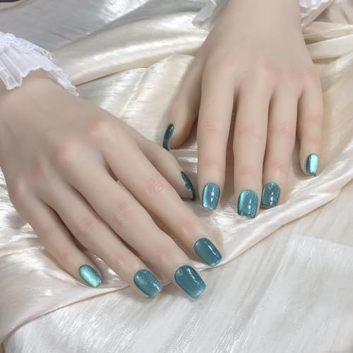 Pure Handmade Q254 Lot de 10 faux ongles courts à coller réutilisables avec onglets adhésifs en gelée Bleu Boîte cadeau