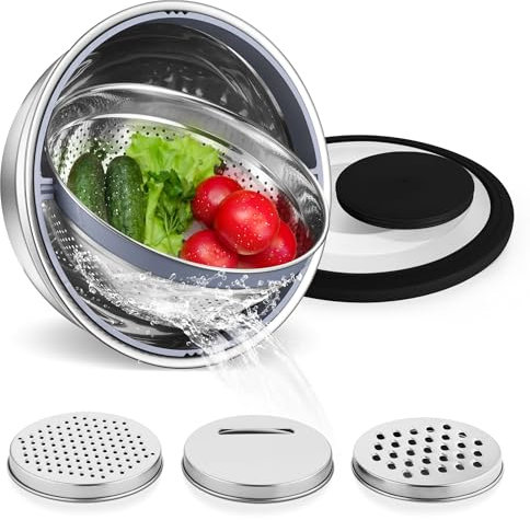 E-far Colador con juego de cuencos para mezclar, colador de acero inoxidable de 4.5 cuartos con ralladores para cocina, cuenco giratorio para enjuagar frutas, verduras y pasta, color negro