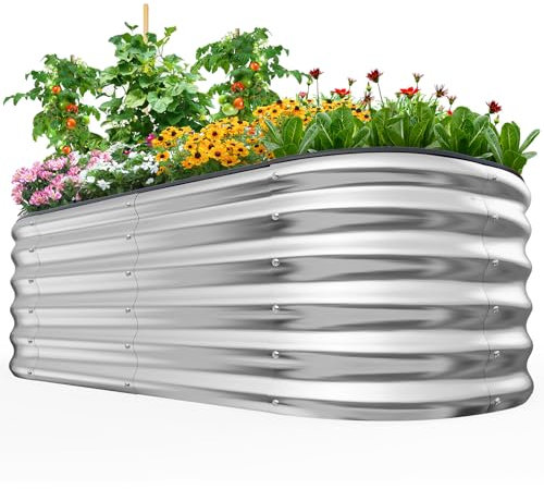 Quictent Hochbeet 180x90x45cm Oval, Pflanzkasten aus Metall,Gemüsebeet für Garten, steckbar & stapelbar Pflanzenbeet für Aussenbereich,Silber