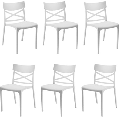 Tomaino - Chaise en plastique de cuisine Croix - Ensemble de 6 chaises en plastique empilables pour l'extérieur et l'intérieur - Chaises pour jardin, salon, balcon ou bar - Blanc