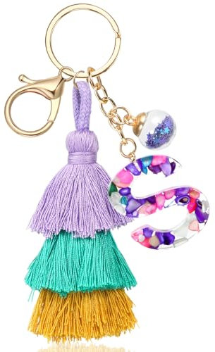 JSRQT Porte-clés Lettre Initiale S, Porte-clés Lettre Alphabet Initial en Résine avec Gland, Porte-clés Lettre Nom Pendentif Boho Violet Charme de Sac pour Femmes Fille Portefeuilles Sac à Main