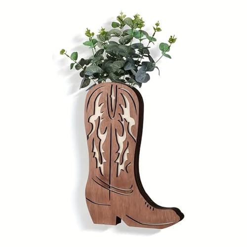 Wood Cowboy Boot Vase for Flowers Faux Greenery, Cowgirl Boot Flower Vase Hanging Pocket Wall Vases 12'' x 8'', Western Wall Decor for Bathroom, Bedroom, Kitchen